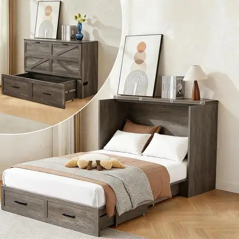 Murphy Bed Full Size Cabinet with Drawer Hidden Beds with Charging Station Farmhouse Wood Space-Saving Hidden Folding