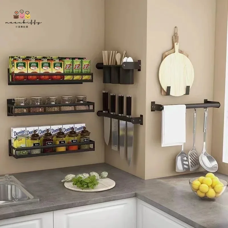 Bathroom Kitchen Organizer With Glue Free Perforated Wall Hanging Seasoning Bottle Storage Rack Wall Mounted Spice Shelves