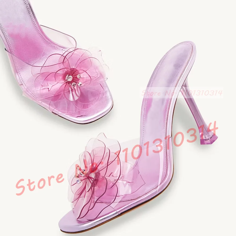 Pvc Flower Metallic Pink Slippers Women Luxury High Heels Square Toe Shoes Female Rhinestones Pistil 2023 Summer Elegant Slides