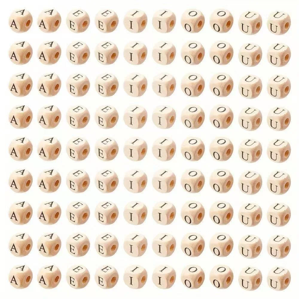 50 random letter 10mm naturally polished wooden beads, square printed A-Z letter wooden spacer beads, handmade jewelry