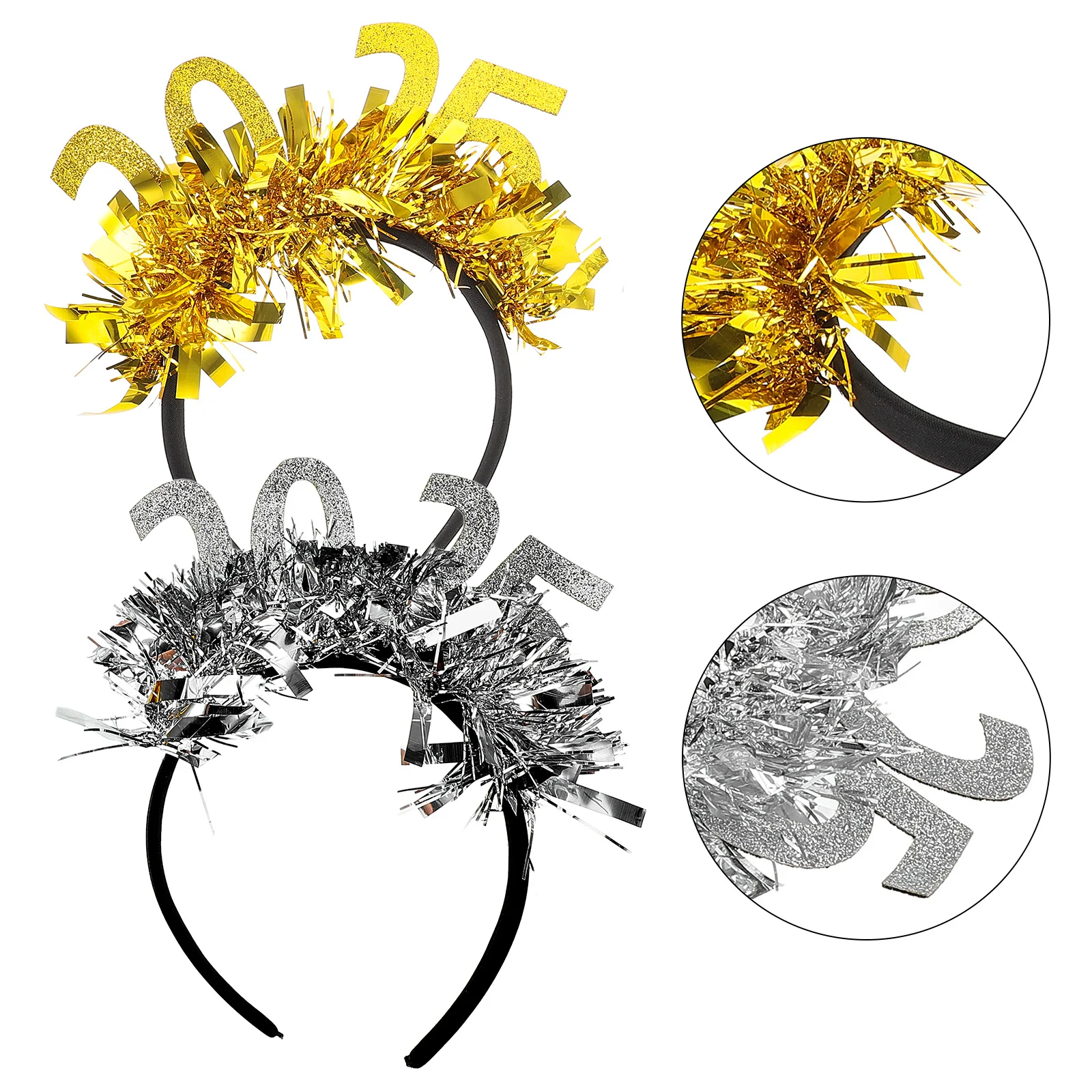 

2 шт., повязка для волос с Новым годом на 2025 год, золото, серебро, повязки на голову с мишурой, свадьба, день рождения, выпускной, специальные мероприятия, гламурный блеск, регулируемый