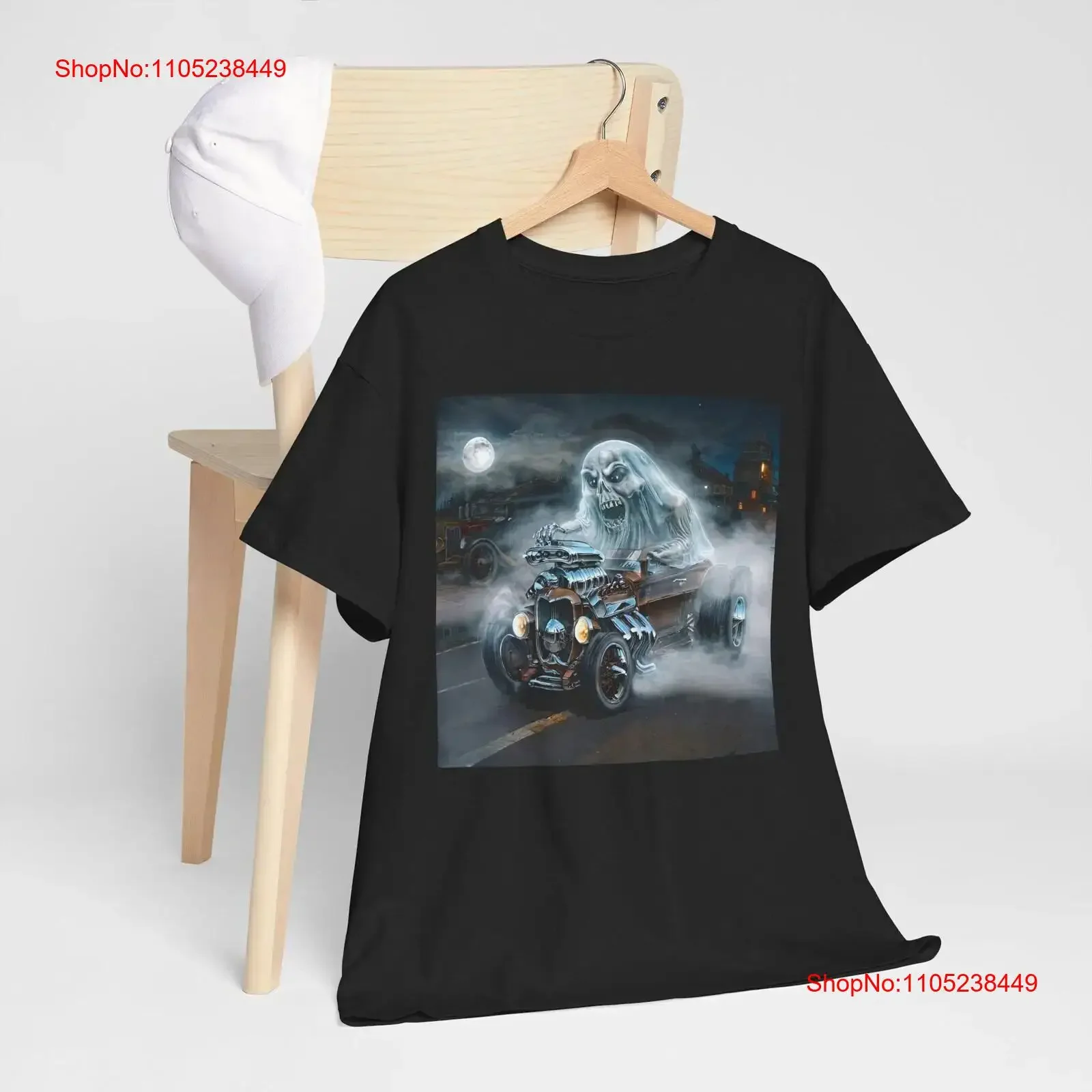 Scary Ghost T Shirt Illustrated Driving a Classic Convertible Car Chrome Engine Haunting Halloween Design for and Horror Fans