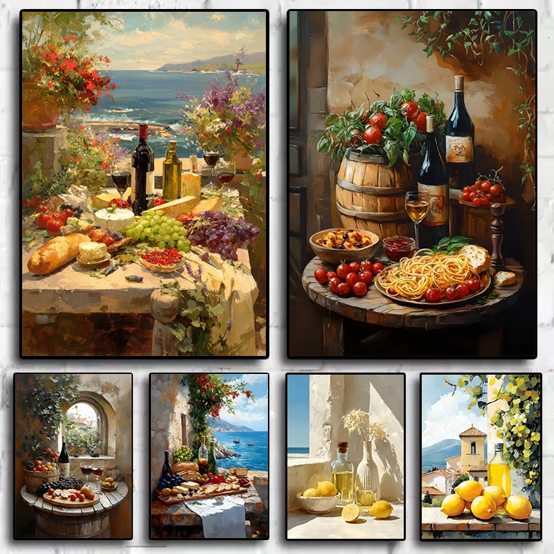 Italy Travel Kitchen Food Lemons and Wine in Italian Coastal Village Poster Wall Pictures Canvas Painting Home Interior Decor