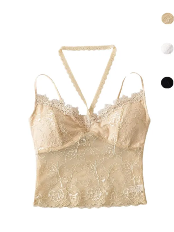 Sexy Hollow out ort Crop Top Women's Street Sle Hanging Ne Strap Vest Inner Wear Beautiful Ba Lace Trim Hanging Ne