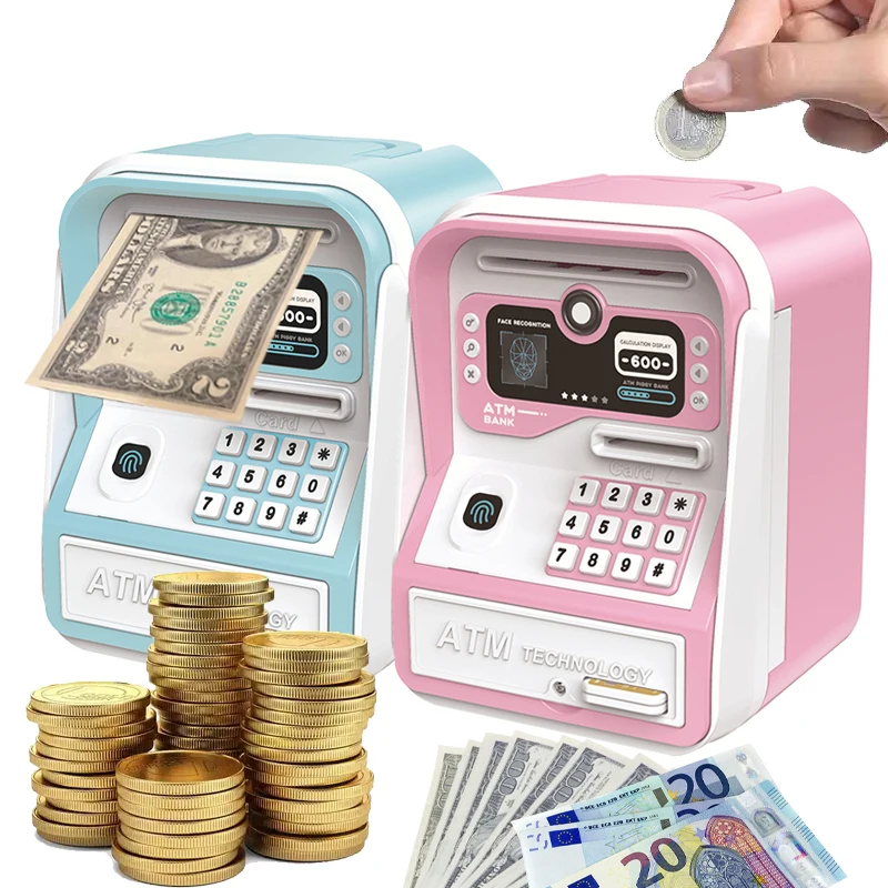 Pink Blue ATM Machine Money Bank with Face Unlock Fingerprint Safe Box Educational Music Coin Box for Kids Fun Learning