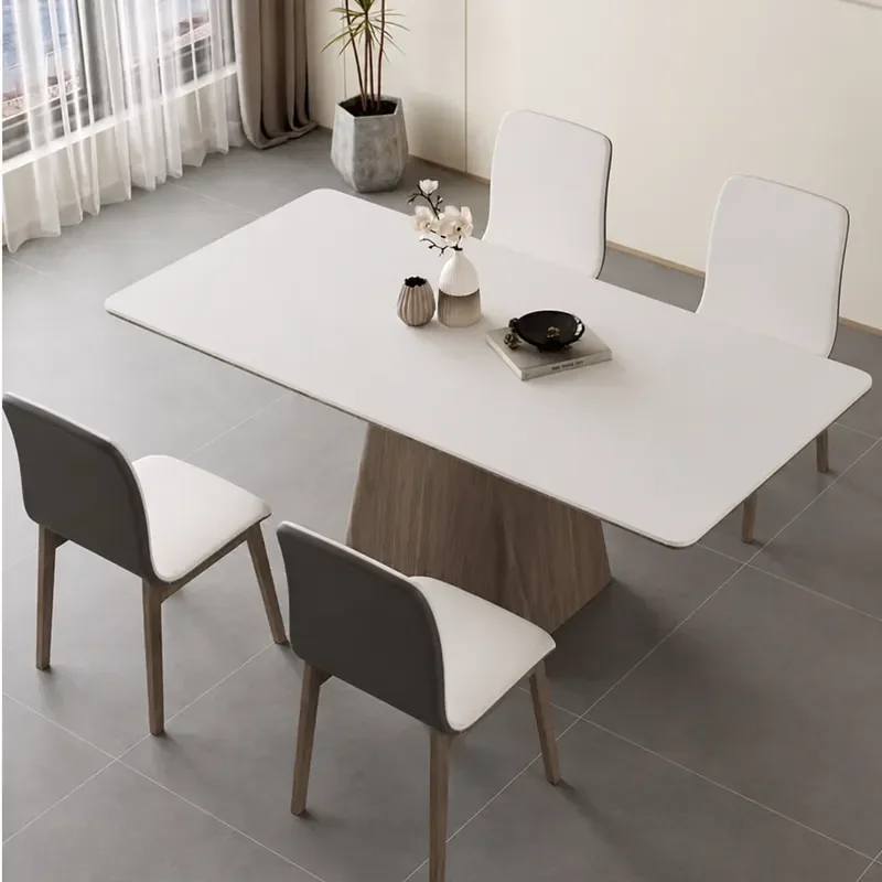 Nordic Solid Wood Dining Table Rectangular Medieval Retro Style Household Ash Walnut Matte Pure White Rock Slab Top