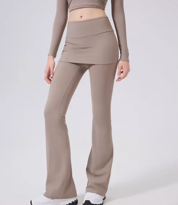Fake two high waisted slightly flared pants with hip covering skirt for women's running, dance training, Pilates sports pants