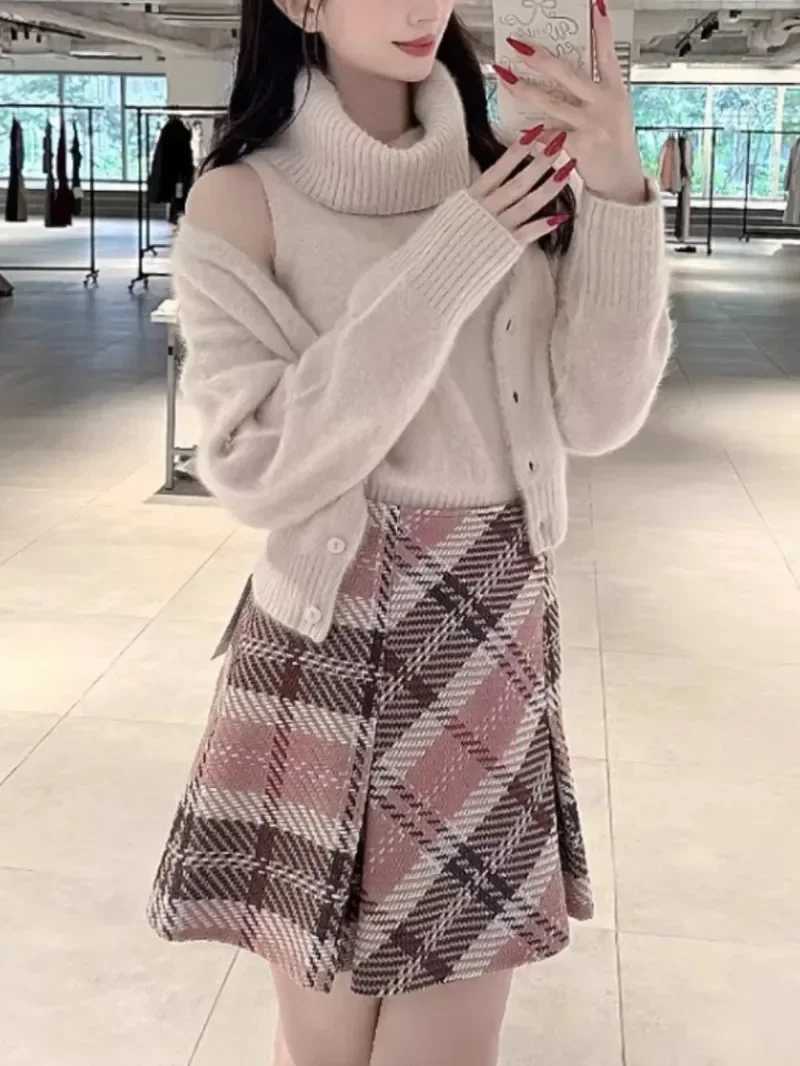 Chic contraste Plaid jupes taille haute a-ligne femmes 2025 Faldas japonais Mini jupe automne nouveau Ropa Mujer doux frais Falda