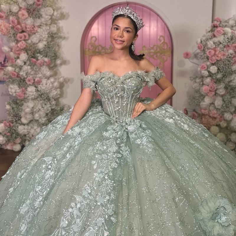 Mint Green Quinceanera Dresses Ball Gown Off The Shoulder Sequin Applique Flower Beading Crystal Tull Corset Sweet 16 Dress Vest