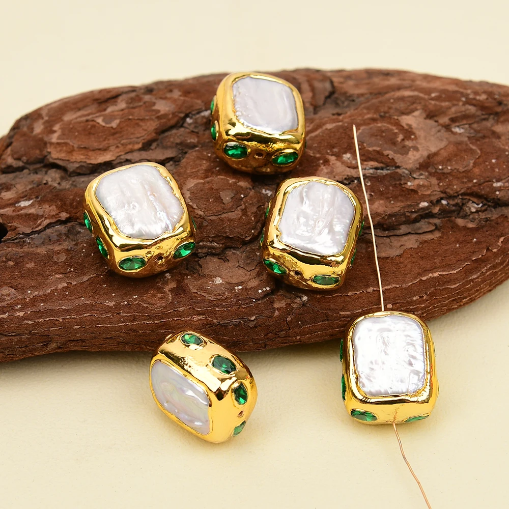 

APDGG 5 Pcs Big Freshwater Cultured White Keshi Rectangle Pearl Paved Green Crystal Bezel Gold Plated Loose Beads Jewelry DIY