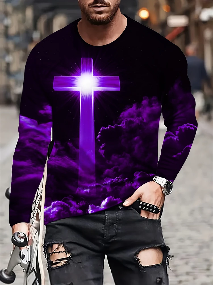 New Street Fashion Men's Long-sleeved T-shirt Spring/Summer Men's Daily Casual T-shirt 3D Cross Print Men's Long-sleeved T-shirt