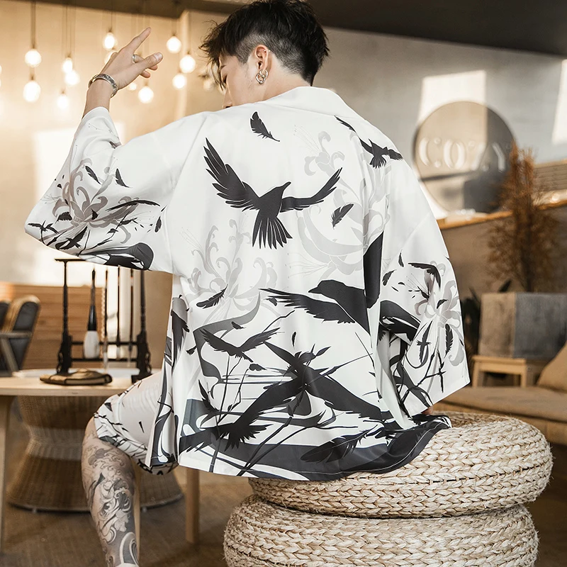 Men Japanese Tracksuit Men Summer Fashion Two Piece Set Kimono Shirt +Shorts Casual Loose Streetwear Male Clothes Men 2Piece Set