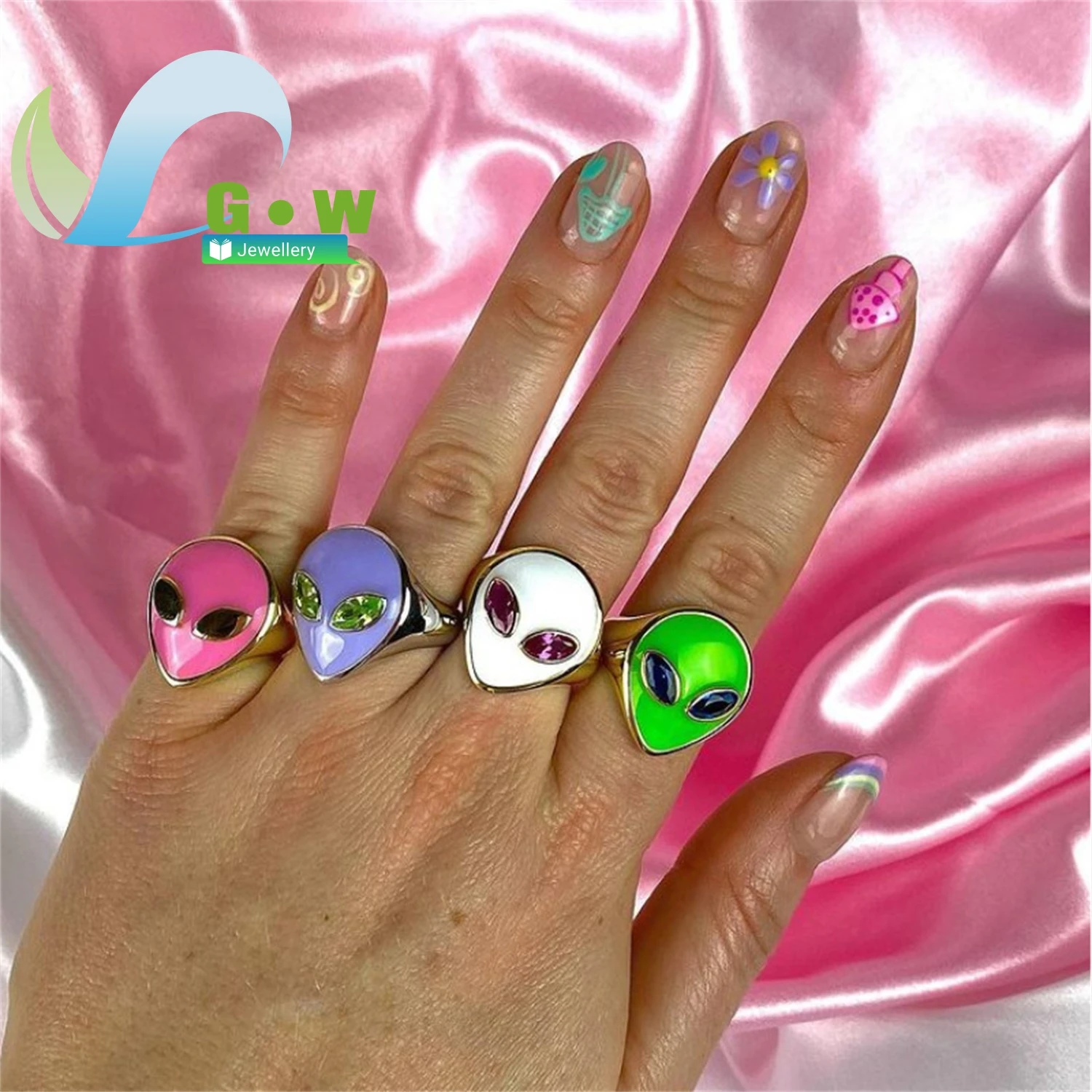 

Новое кольцо в стиле Ins с элементом инопланетного дизайна, позолота 18К, ювелирное изделие с сохранением цвета, красочное, милое, для девочек-подростков, в наличии