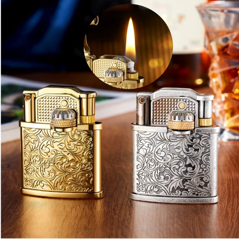 

Retro High-end Carved Tang Grass Pattern Lighter with Metal Relief Side Sliding Ignition Portable Lighter for Smoking Men's Gift