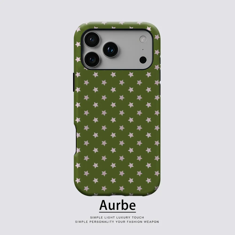 Aurbe Matte 2-in-1 Film Magsafe Hülle für iPhone 17 16 15 14 Plus 17 Pro Max Stoßfeste Hartschale Olivgrün & Rosa Sterne Hülle