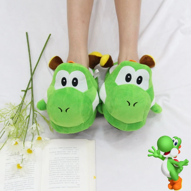 Super Marios Bros Yoshi Cosplay Plushes Slippers for Women Cartoon Winter Warm Non-slip Soft Bottom Comfort Kawaii Cotton Shoes