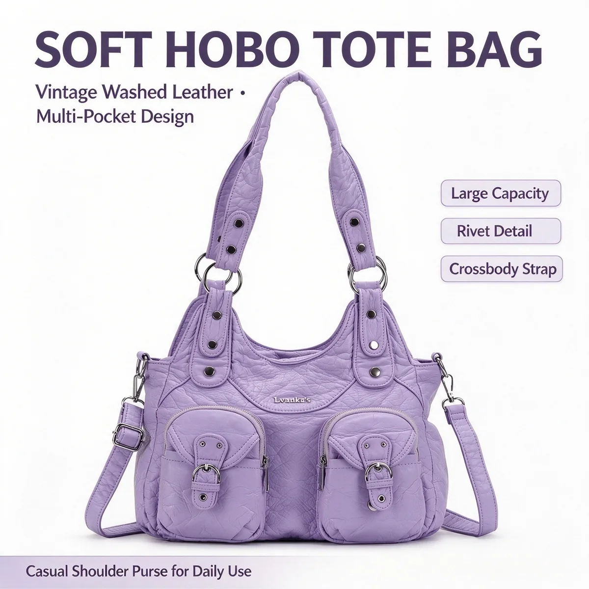 Vintage Shoulder Bag Washed Leather Hobo Tote Bag for Women Large Capacity Multi-Pocket Rivet Casual Shoulder Crossbody Handbag