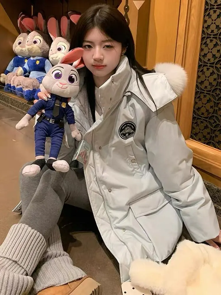 

Women's Workwear down Jaet 2025 Spring New Mid-Length Fur Collar Cotton Padded Coat with Inner Fur Liner Thiened Long Sve