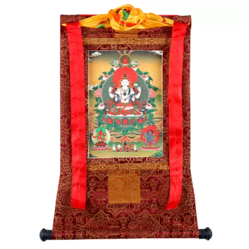 Four-Armed Avalokiteshvara Thangka - Tibetan Esoteric Wall Art, Auspicious Home Entrance Decor Hanging Painting