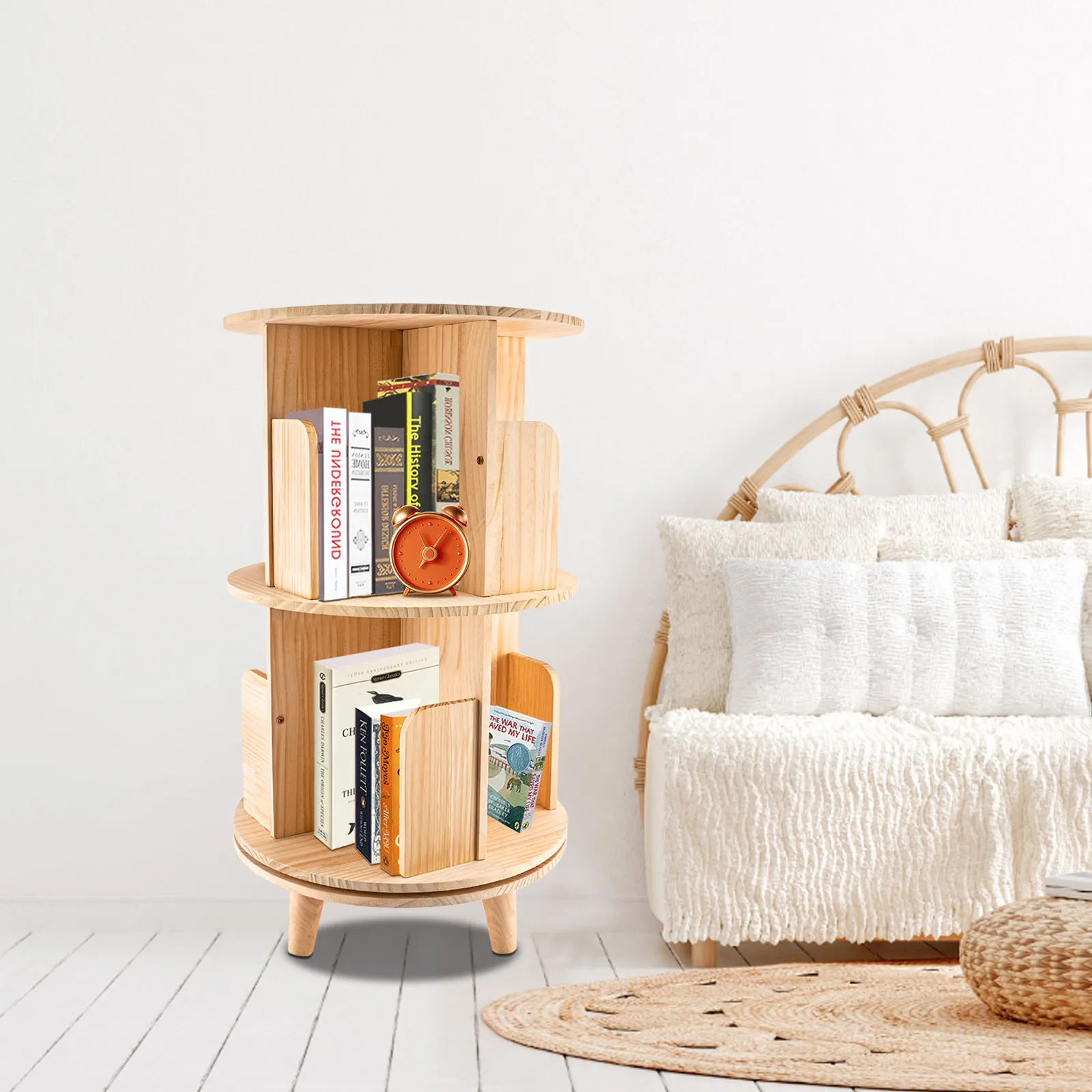 Multifunctional Storage Rack Rotating Bookshelf Miscellaneous Rack Living Room Organizer Floor-standing Solid Wood Bookcase