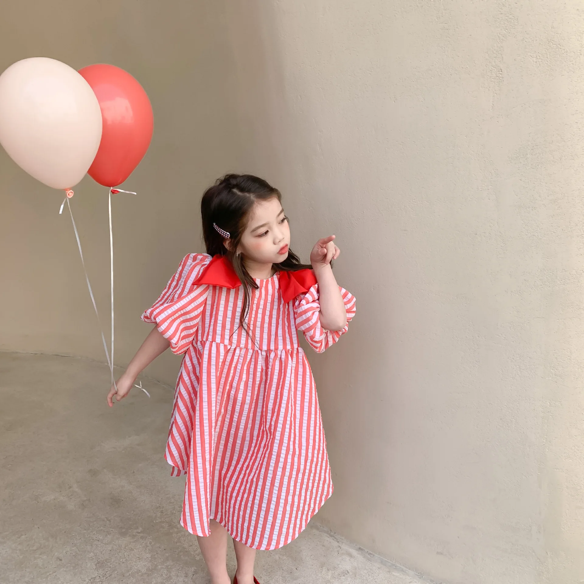 2024 Summer Striped Baby Dresses Girl\'s Sweet Princess Dress 3-8 Year Old Baby Girl Clothes Cotton One Piece Bubble Sleeve Dress