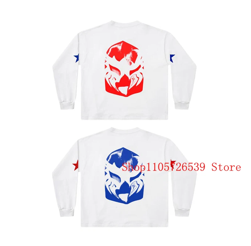 Streetwear Tops White Kanye West Long‑sleeve Tee Red Star Blue Sleeve Print Mask Casual Tshirts