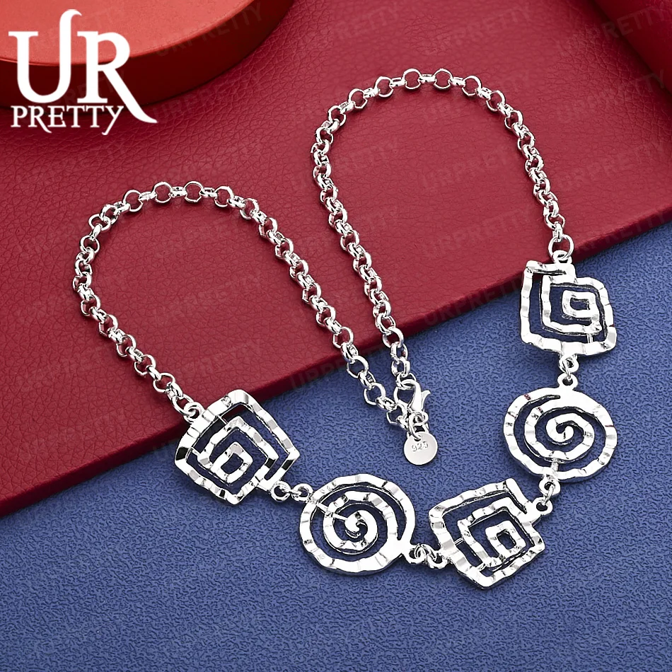 925 Sterling Silver Retro Spiral Block Splicing Necklace 19 Inches Women's Party Engagement Wedding Fashion Jewelry