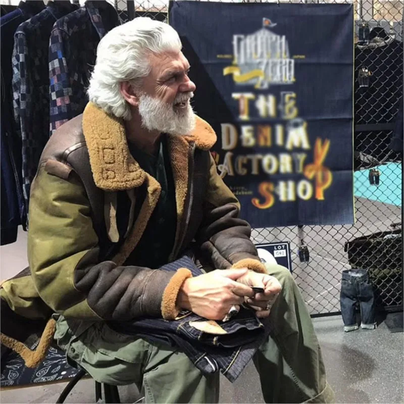 Men's water-washed oil wax canvas patchwork leather fur coat