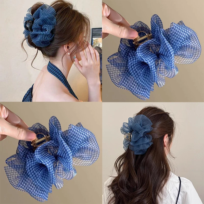 Pinza para el pelo de Seersucker azul a cuadros para mujer, pinza para el pelo con temperamento elegante, pinza para el pelo con cola de caballo en la parte posterior de la cabeza