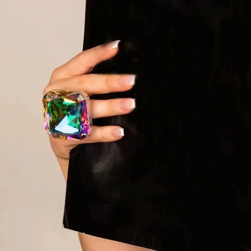 Square Shape Square Rhinestone Ring Rhinestone Crystal Large Size Adjustable Crystal Ring Adjustable Size Exaggerated Giant