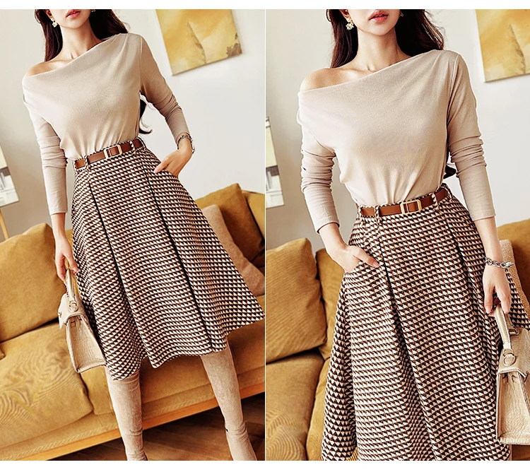 French Elegance Temperament High Waist Belt A-line Pocket Plaid Skirt Casual Commuting Brown Woolen Long Skirts Women Autumn