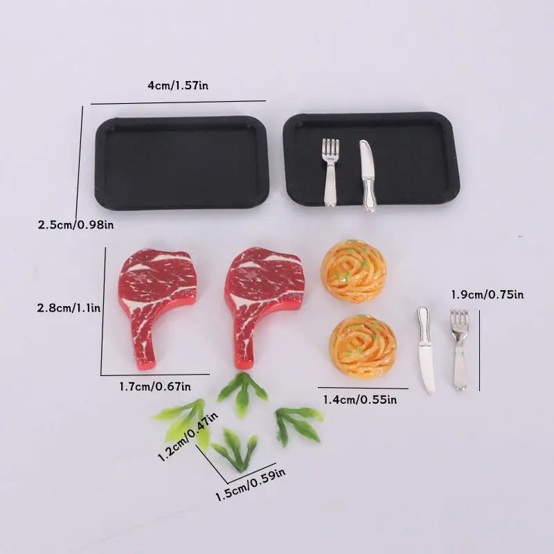 Accessoire de bricolage Miniature pour maison de poupée, ensemble de 5 pièces, pâtes à Steak simulées, assiettes, couverts, modèle de jouet de décoration alimentaire de cuisine