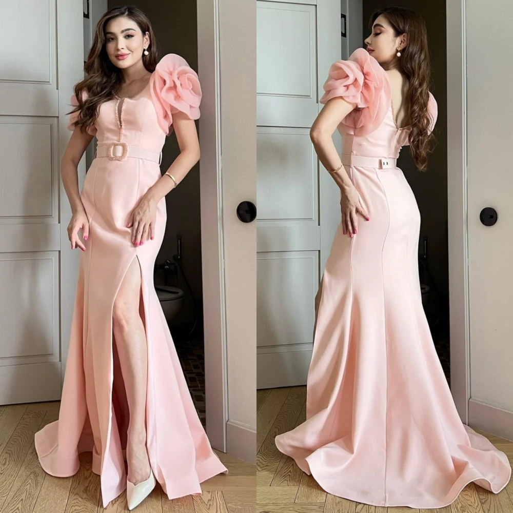 

Customized Classic Exquisite Jersey Flower Sash Trumpet V-neck Long Dresses Bespoke Occasion Fashion Formal