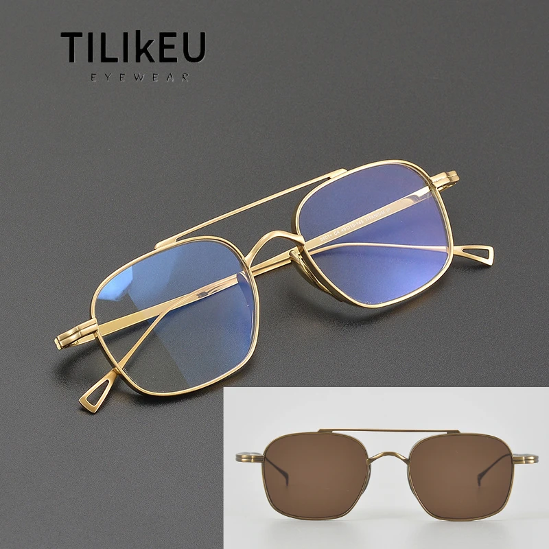 

New Designer Pure Titanium Frame Eyeglass Square Double Beam Retro Pilot Sunglasses UV400 Fashion Men Women Myopia Glasses Frame