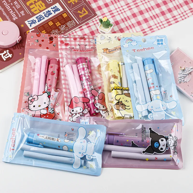 New Sanrio Press Eraser 12/24pcs Students Kawaii Stationery Cute Automatic Eraser Clean Rubber Children Birthday Gift Wholesale