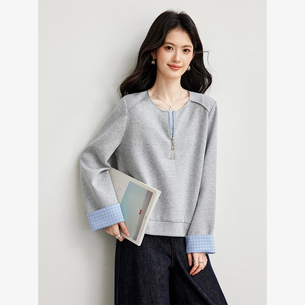 VIMLY Women's Grey Sweatshirt Fake Two-piece Color Block Plaid Splicing Round Neck Pullover 2026 Half Zip Long Sleeve Coat A7613