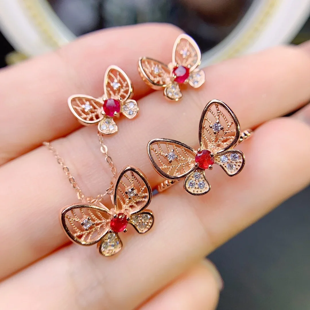 

Ladies Sterling Silver 925 Jewelry Wholesale Natural Ruby Jewelry Set free shipping Christmas Necklace Elegant Ladies set fine