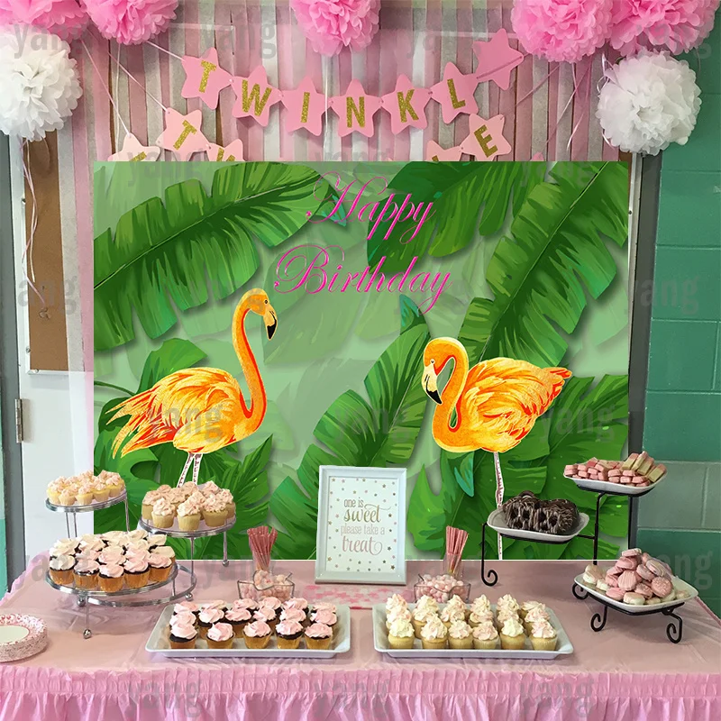 Yellow Flamingo Customize Happy Birthday Party Backdrop Newborn Girls Jungle Green Leaves Background for Photo Banner Decoration