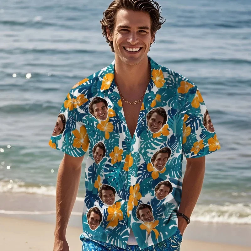 

Custom Face Hawaii Shirt Unisex Funny Personalized 3D Printed Tropical Plants Shirts Beach Short Sleeve Lapel Shirts DIY Blouses