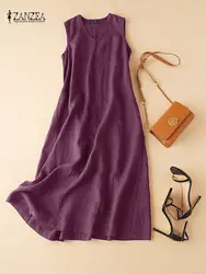 ZANZEA Summer V Neck Sleeveless Solid Long Dress Women Elegant Sundress Fashion Robe Femme Casual Vintage Cotton Beach Vestido 7