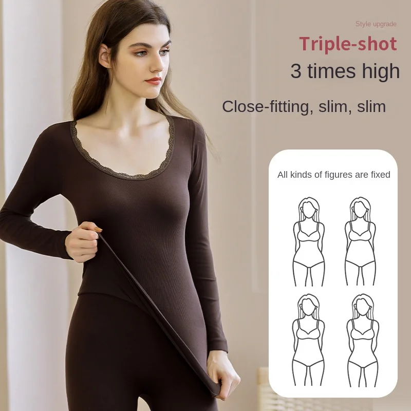 Cotton Long Johns Set Seamless Bodycon Thermal Underwear For Women Thin Slim Winter Clothes O-Neck Lace Second Skin Suit Female