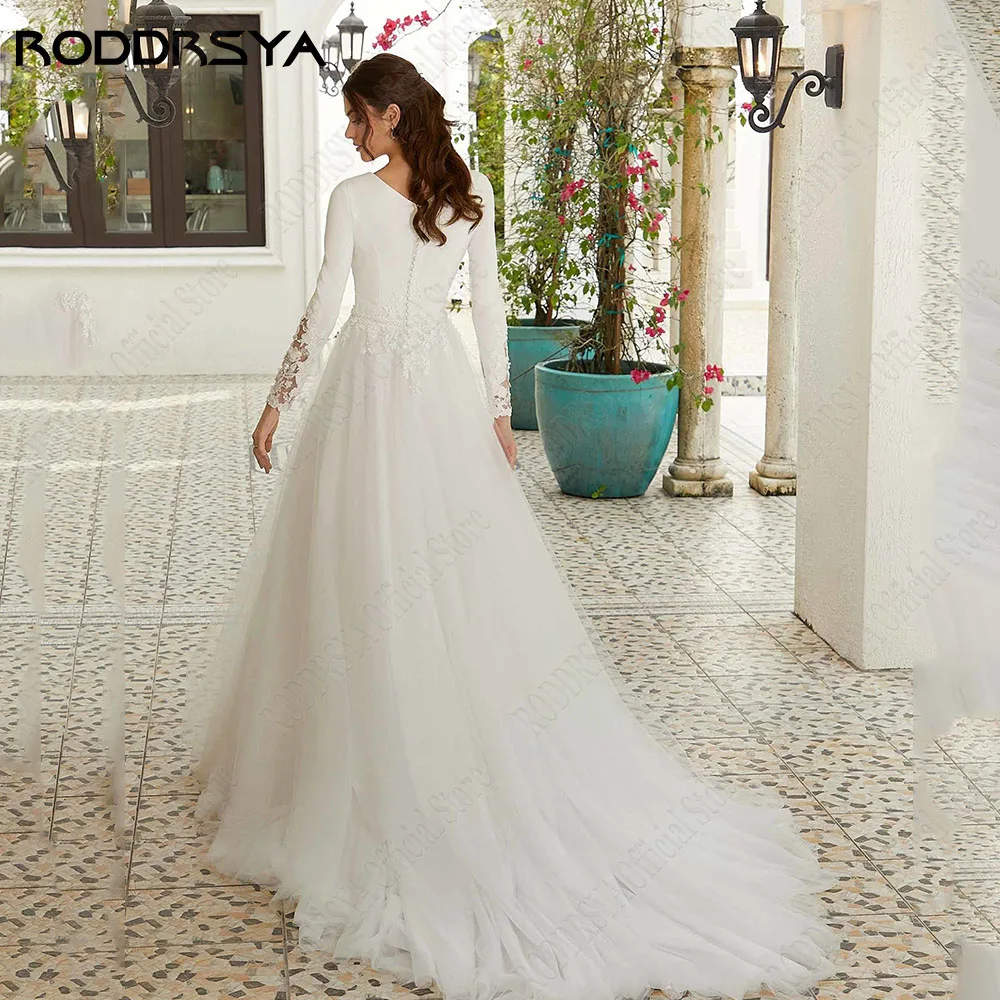 RODRSYA Vestidos de Noiva Formais Para Mulher A Linha Zipper Voltar VestiRODDRSYA Vestidos De Casamento Formais Para A Mulher A Linha Zipper Voltar Vestidos De Noiva Lace Applique O-Neck Clássico Tulle vestido de novia