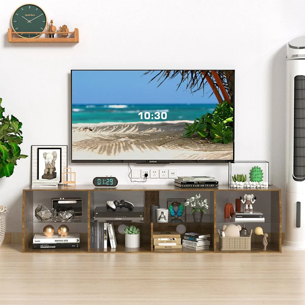 TV Stand with LED Strip & Power Outlets, Industrial Entertainment Center for 45/50/55/60/65/70 inch TVs, 7 Open Storage