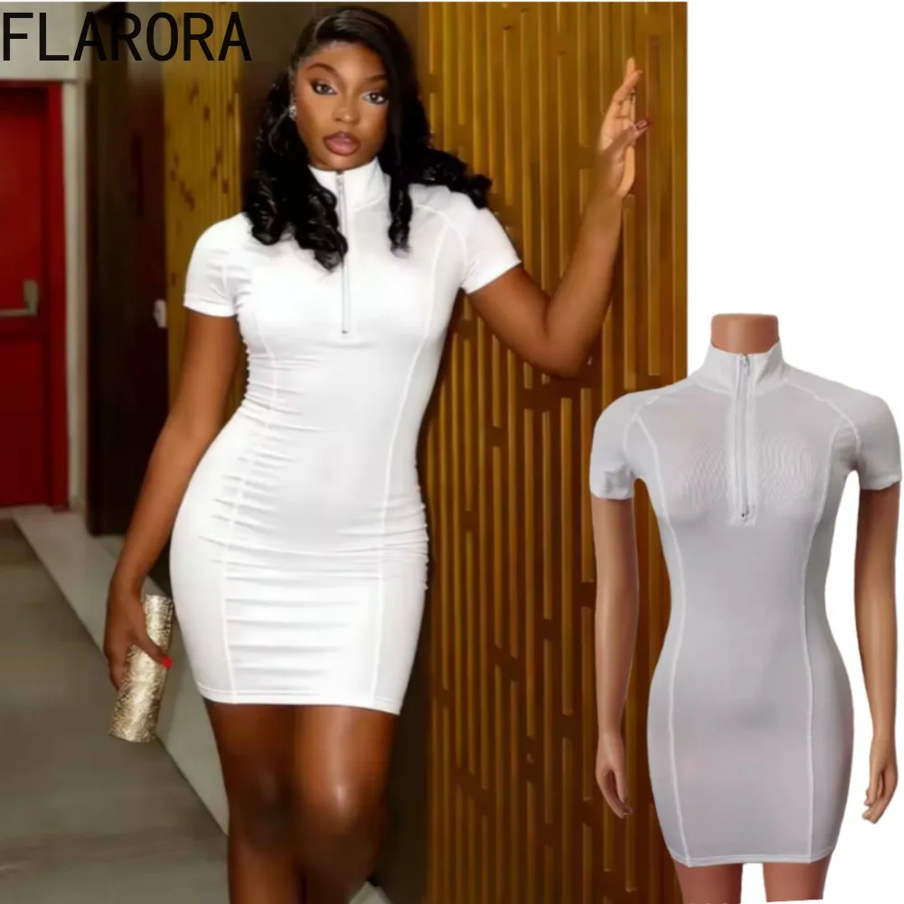 

FLARORA Sexy Trend Zipper Dress Woman Classic Patchwork Short Sleeve Fashion Stretch Skinny Party Streetwear Chic Hottie Bodycon