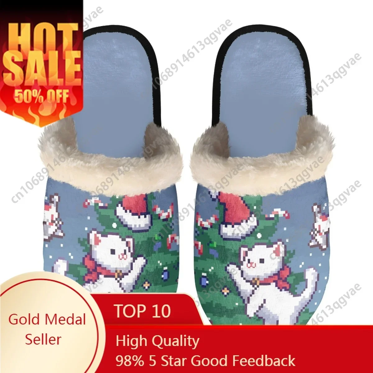 

Christmas Pixel White Cat Slippers Mens Womens Home Cotton Plush Bedroom Casual Keep Warm Customized Thermal Lightweight Slipper