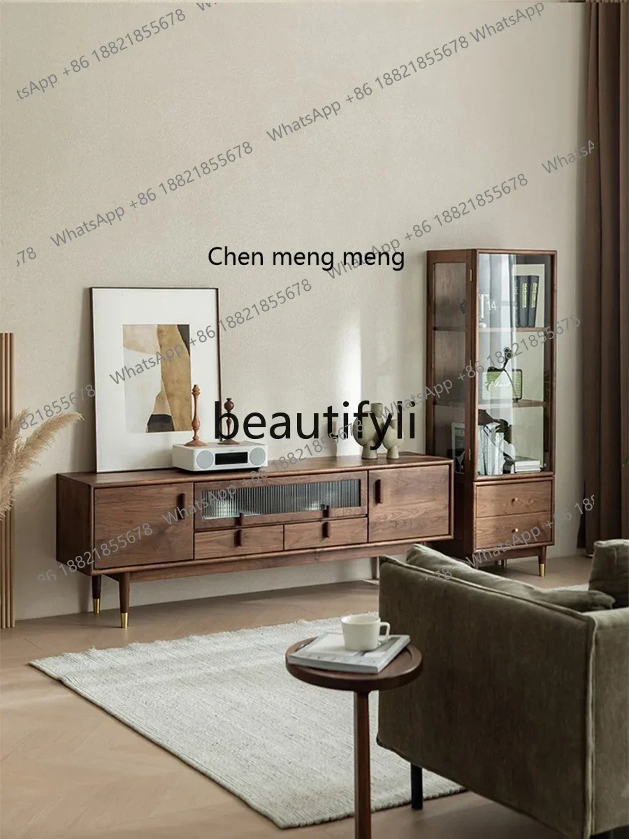 N178   A North American black walnut TV cabinet all solid wood brass feet living room simple small apartment floor cabinet fu