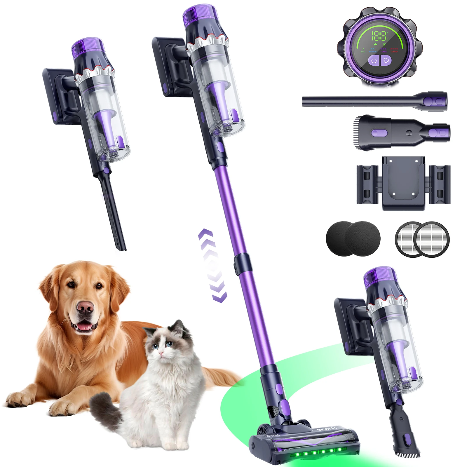 Aspirateur sans fil Homore P15C 650W 80KPA puissant, portatif avec écran LED, 4 modes d'aspiration, fonction autoportante