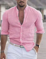 Camisa informal de lino y algodón para hombre, camisa holgada de manga larga con cuello simulado, color sólido, a la moda, para primavera y otoño, 2023