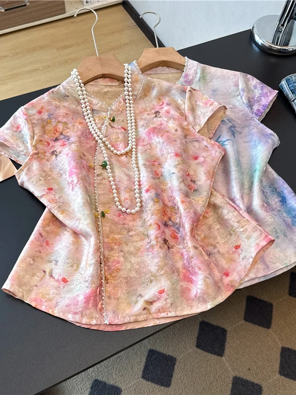 

Retro Chinese Style Embroidered Shirt Short Sleeve Stand Collar Side Buttoned National Fashion Elegant Top Women's Clothing