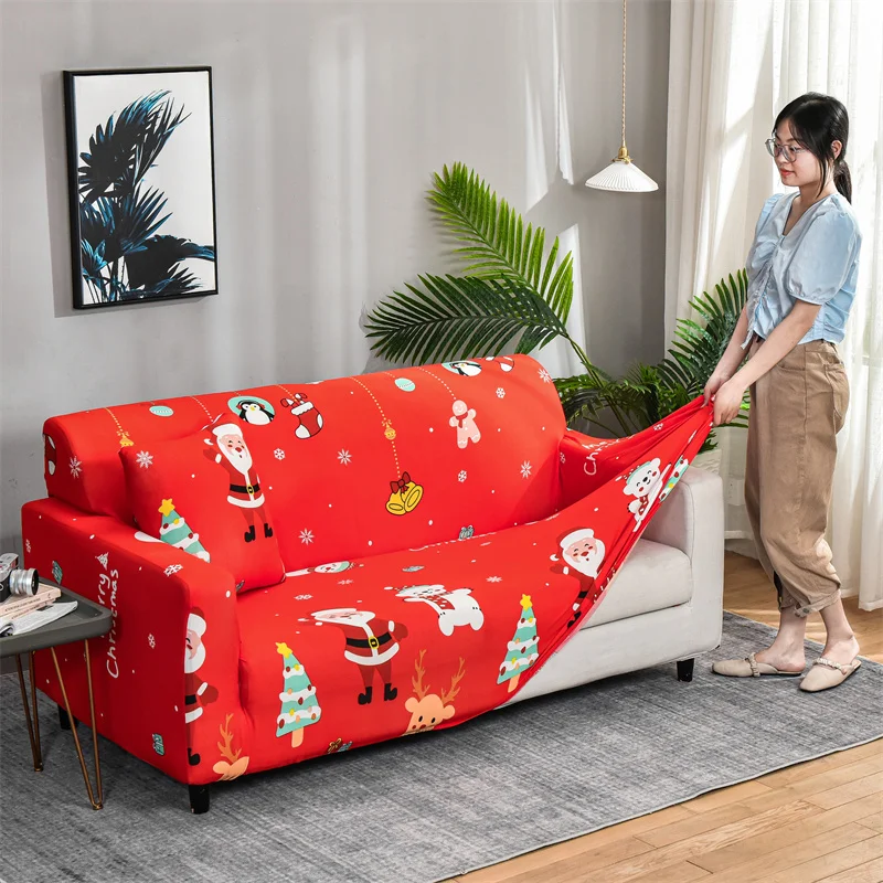 Holiday Decoration Sofa Cover Christmas Snowman Print Installation Simple Color Beautiful Universal Sofa Cover